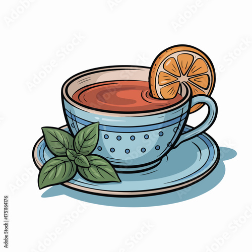 Hot tea, coffee, and lemon tea in white mugs on saucers, perfect morning breakfast beverages