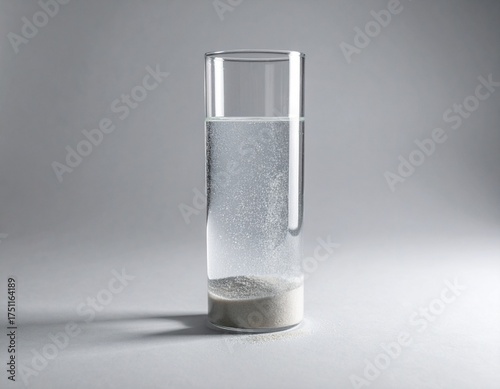 Pure Water in a Tall Glass: A high-angle shot of a slender glass filled with clear water, showcasing a small deposit at the bottom. Evoking a sense of purity, simplicity, and minimalism.