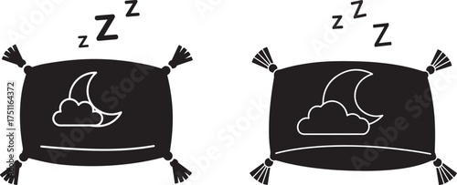 Two stylized pillows with moon and clouds icons and zzz symbols indicating sleep silhouette