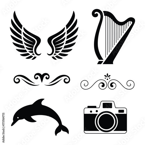 Collection of stylized black icons featuring wings harp dolphin and camera