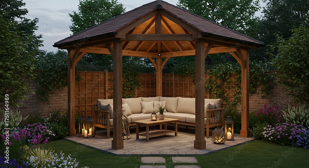 Naklejka premium Enchanting Wooden Gazebo Oasis Illuminated by Warm Lantern Light in Lush Garden Setting.