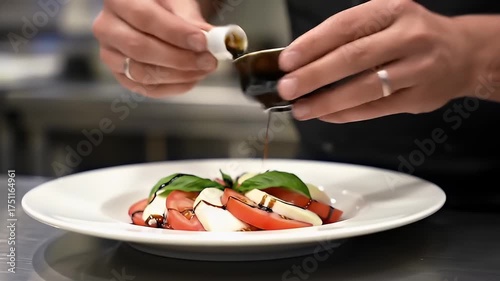 Chef Garnishing Caprese Salad with Balsamic Glaze in a Professional Kitchen Setting with Natural Lighting Over Fresh Tomatoes and Mozzarella Cheese