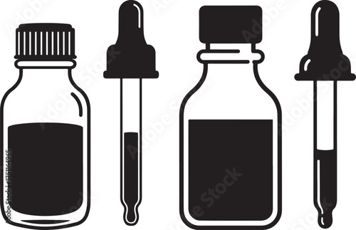 Four black silhouette dropper bottles with caps and liquid inside on white background