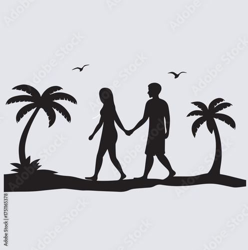 couple holding hands and walking together silhouette vector art illustration, couple on the beach