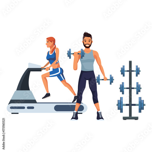 People Exercising at the Gym with Weights and Treadmill