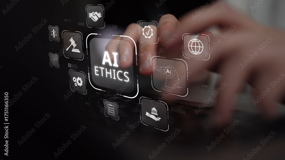 Naklejka premium AI is transforming society, raising important ethics questions. Ethics in AI design ensures fairness. AI ethics promote responsible decisions. Balancing AI power with strong ethics is essential. Muxer