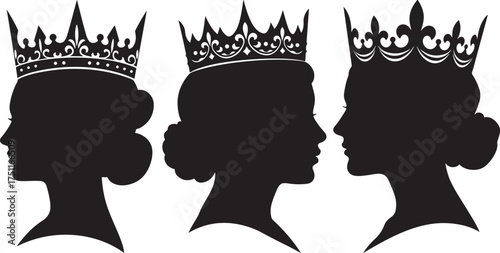 Three elegant female royal silhouettes wearing ornate crowns in profile silhouette