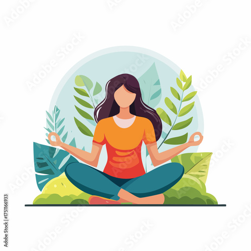 Woman meditating in lotus position surrounded by plants.