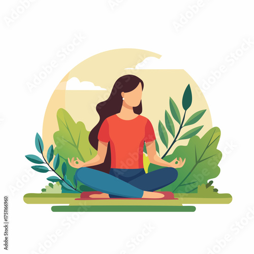 A woman meditating peacefully outdoors surrounded by lush green foliage and a warm, hazy sun.