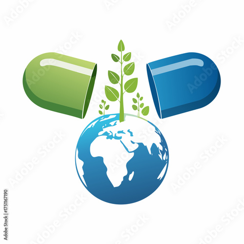 Visual depiction of global healthcare symbolized by an open capsule and a growing plant