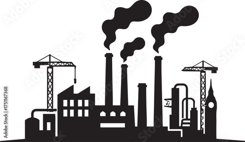 Industrial factory with smoke and cranes black silhouette