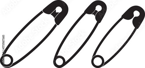 Three black safety pins arranged diagonally on a white background in a simple silhouette style