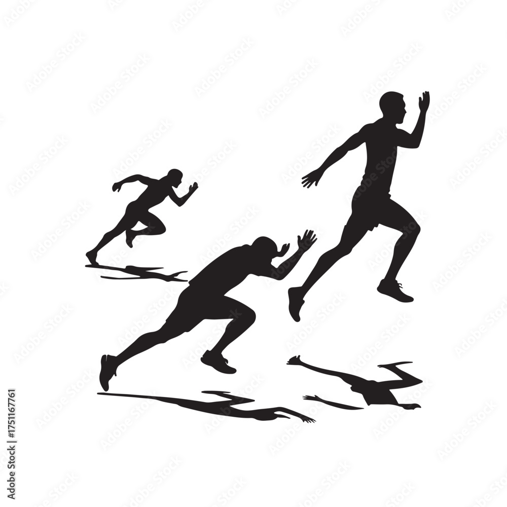 Obraz premium Four runners in silhouette with shadows running forward on a white background Keywords: running, runner, race, sprint, athlete, sport, fitness, speed, movement, silhouette, black and white