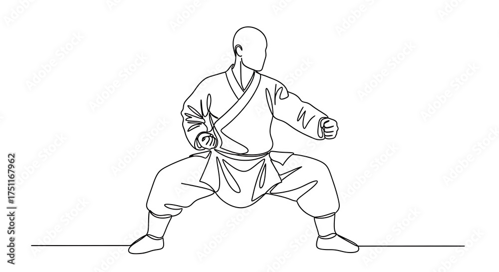 Fototapeta premium Continuous Line Drawing of a Martial Artist in Horse Stance.