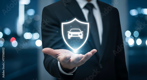 Automobile insurance and safety concept showing a man holding a car icon within a glowing shield