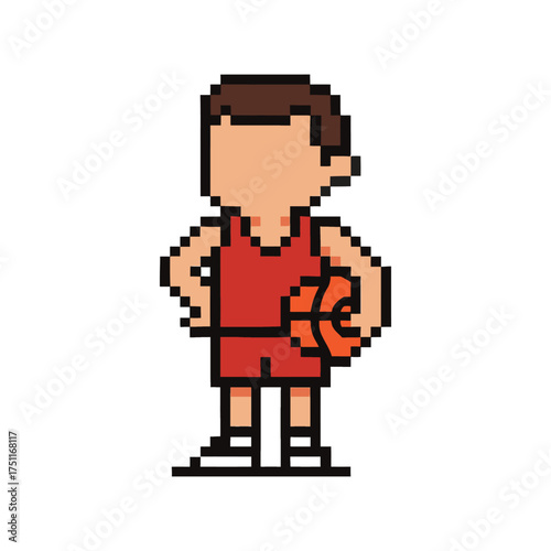 simple pixel art illustration of a basketball player stand with a basketball in his right hand wearing a red jersey
