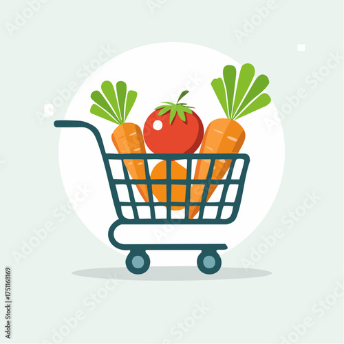 Whimsical Illustration of a Shopping Cart overflowing with Fresh and Vibrant Produce