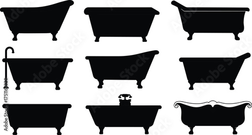 Bathtub silhouettes, bathroom fixtures, plumbing design, sanitary ware, modern bathtub, vintage tub, clawfoot bathtub, interior design, hygiene, restroom equipment, water