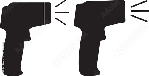Two black silhouettes of infrared thermometers emitting light beams on a white background silhouette