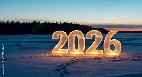 Wallpaper Mural Glowing 2026 numbers on snowy field at sunset with footprints Torontodigital.ca