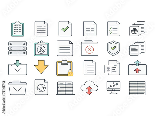 Modern and Minimalistic Icon Set Representing Data Management File Operations and Cloud Computing Solutions for Business and Technology Applications