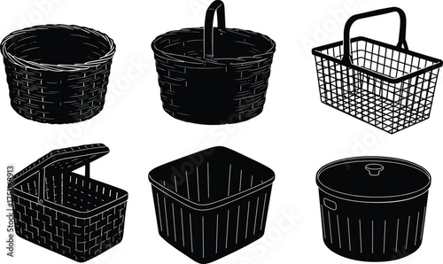 Silhouette baskets, woven container, shopping basket, storage box, kitchen organizer, black vector icons, household design, traditional craft illustration, packaging symbol