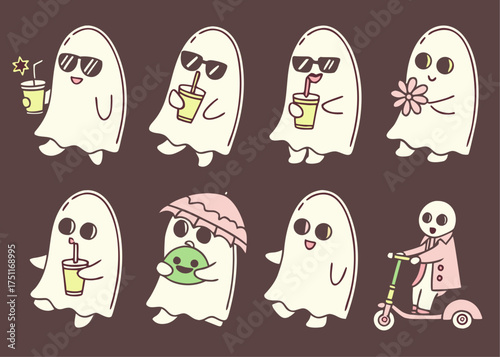 Cute Halloween Ghosts with Sunglasses Drinks Flowers Umbrella and Scooter on a Brown Background