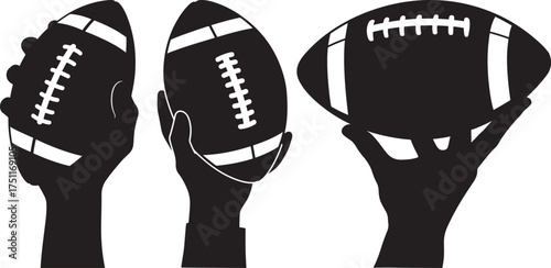 Three distinct silhouette views of a hand holding a classic american football
