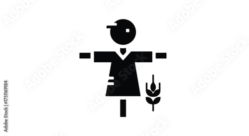 Simple black silhouette of a scarecrow with outstretched arms and a stalk of wheat