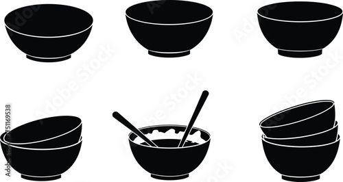 Silhouette bowls, stacked dishes, soup bowl with chopsticks, black vector icons, kitchen utensil shapes, dining tableware illustration, food container design