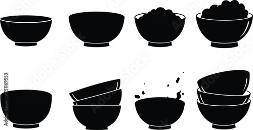 Silhouette bowls, stacked dishes, rice bowl, soup bowl, spilling bowl, black vector icons, kitchen utensil shapes, dining tableware illustration, food design