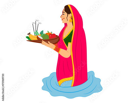 vector illustration of indian women standing in river and doing prayer of god sun celebrating Chhath puja festival	
