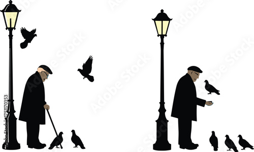 Elderly man silhouette, feeding birds under streetlamp, peaceful aging, companionship with nature, kindness, urban life illustration