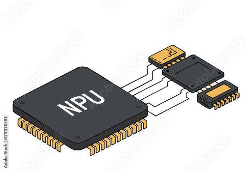 Isometric illustration of an NPU chip with a backup chip. Clean, modern design showcasing technology and redundancy. Ideal for tech, electronics, and data concepts.