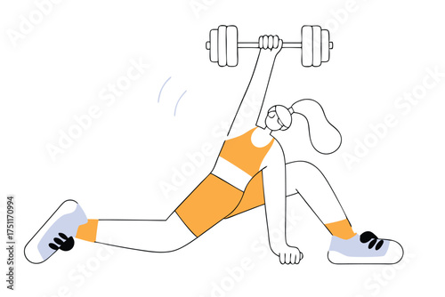 Girl lifts dumbbell overhead in fitness exercise