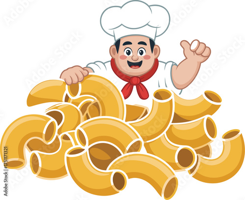 Cartoon chef with macaroni pasta illustration for food blog and recipe website