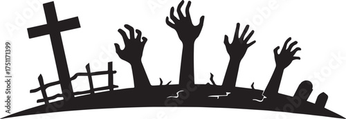 Zombie hands rising from graveyard black silhouette 