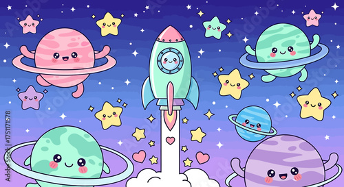 Cute Cartoon Rocket Launch with Happy Planets and Stars