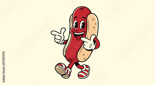 Happy Retro Cartoon Hot Dog Mascot Walking and Pointing