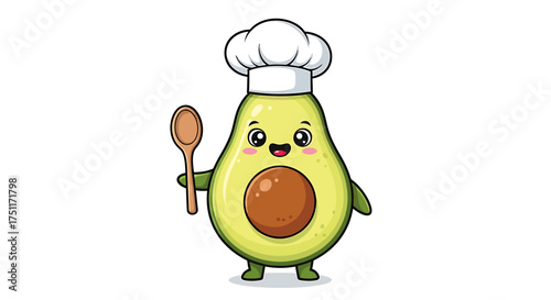 Cute Cartoon Avocado Chef Holding Spoon
