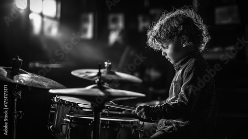 A young, curly-haired child plays a drum set indoors, warmly lit by bokeh string lights visible through a large window in the background. created by ai
