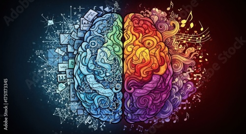 A colorful illustration of a brain with musical notes and symbols, representing the left and right hemispheres of the brain.