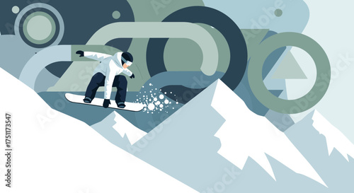 Snowboarder mid-air against abstract mountain backdrop with blue and grey hues, representing winter sports and adventure