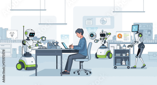 Robots and humans collaborating in a modern workspace, showcasing technological advancement and innovation