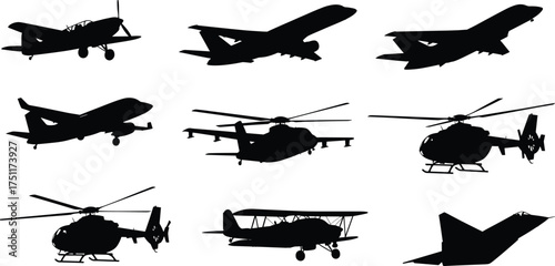 Aircraft silhouettes, airplane icons, helicopter shapes, aviation design, flying machines, black outlines, jet planes, propeller aircraft, rotor craft, isolated graphics