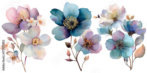 Collection of delicate watercolor flowers and leaves in soft pink and blue hues isolated on white background