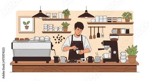 A skilled barista artfully crafts a cup of coffee behind a well-stocked counter in a charming cafe