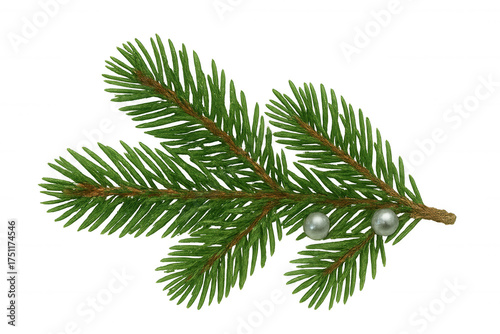 Christmas spruce branch decorated with white pearly ornaments, capturing holiday spirit and winter celebration