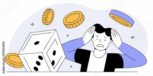 Stressed Gambler surrounded by Dice and Coins Experiencing Pressure and Unlucky Streak Odds