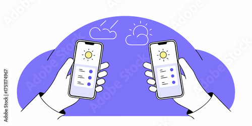 Hands Holding Smartphone Showing Weather Conditions With Sun And Clouds